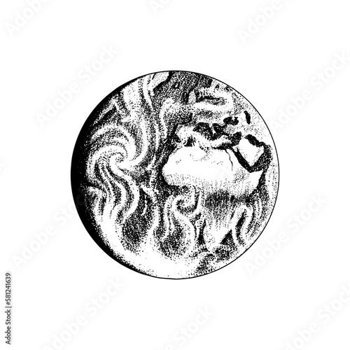 Earth Planet. Astronomical galaxy space. Engraved hand drawn in old sketch, vintage style for label.