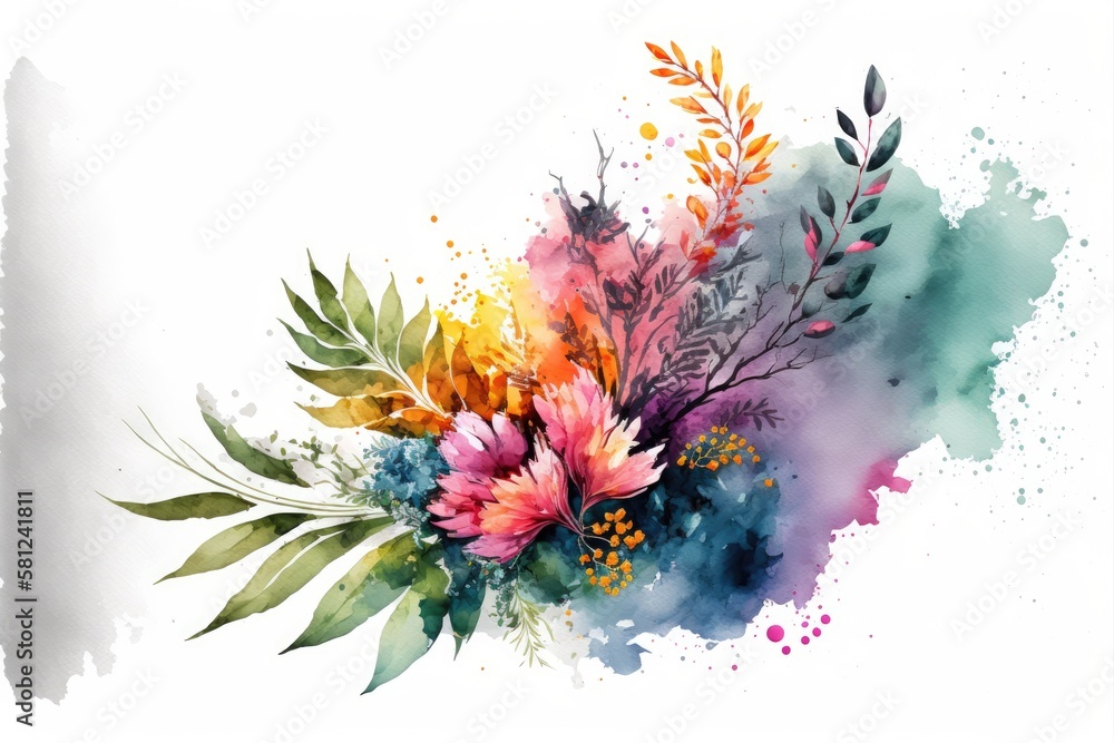 a watercolor bouquet illustration assortment of flowers, branches, nature, spring-themed illustration, generative ai