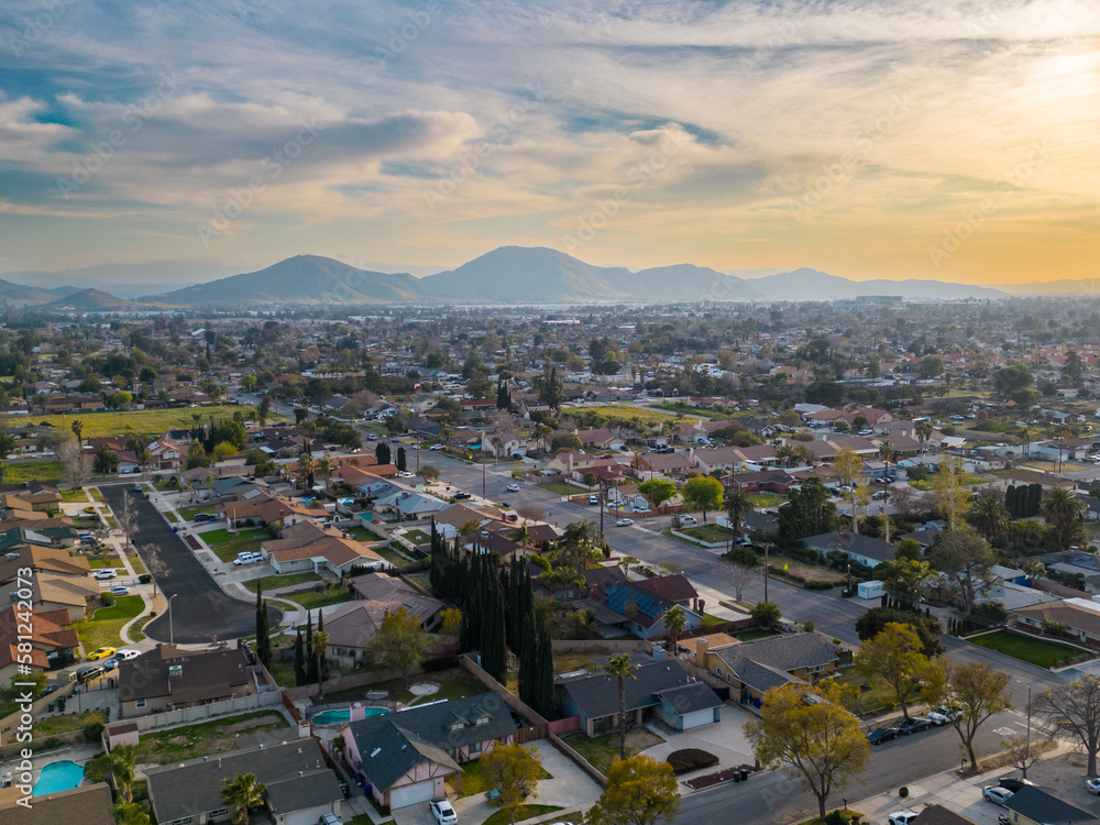 aerial view of the suburban city of Fontana California - obrazy, fototapety, plakaty 
