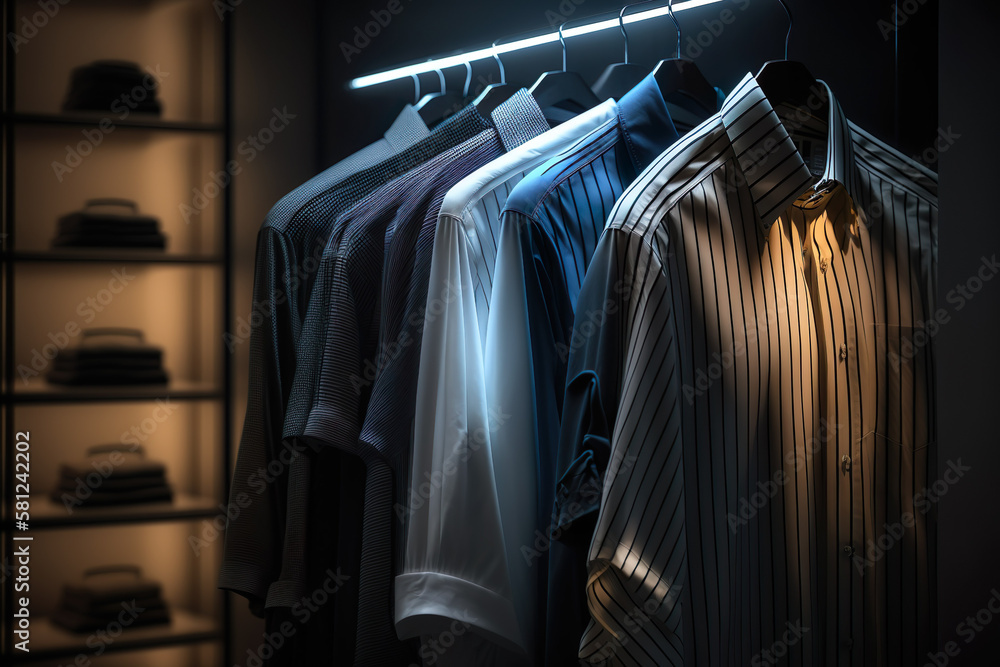 A rack of shirts hanging in a fashion shop with lights. Generative Ai.