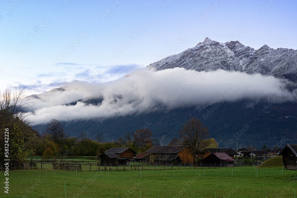 A view of German Alps in the evening with a sunset in Grainau, Bavaria