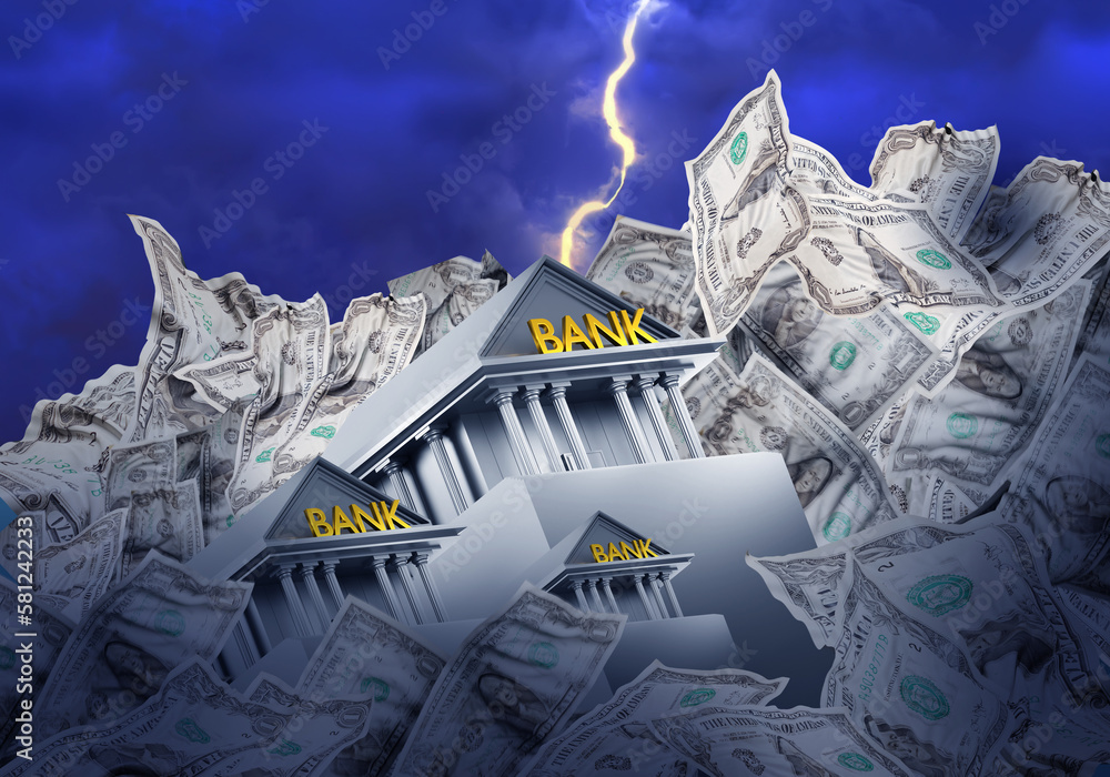 Bank building is collapsed. Bankruptcy bank. Collapse financial organization. Banking crisis. Signs of dollar near economic organization. Loss of money by bank depositors after bankruptcy. 3d image - obrazy, fototapety, plakaty 