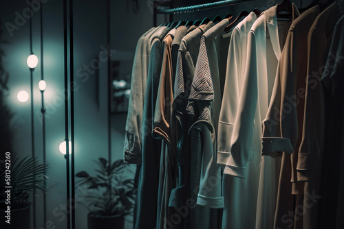A rack of clothes hanging in a fashion shop with lights. Generative Ai.