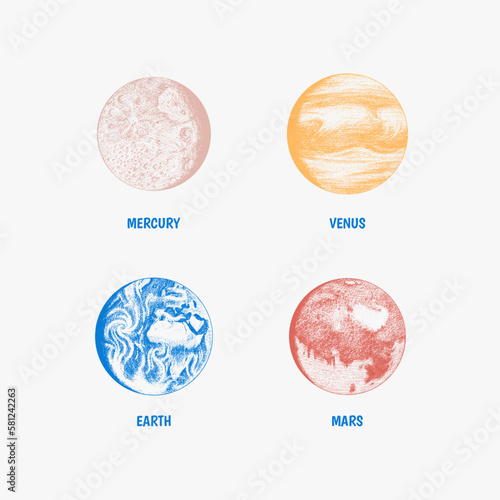 Planets in solar system. Moon and the sun, mercury and earth, mars and venus, jupiter or saturn and pluto. astronomical galaxy space. engraved hand drawn in old sketch, vintage style for label.