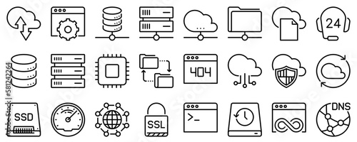 Line icons about hosting on transparent background with editable stroke.