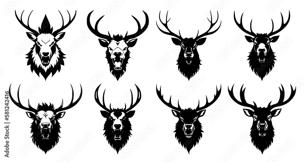 Premium Vector | Set of deer heads with open mouth and bared fangs with  different angry expressions of the muzzle symbols for tattoo emblem or logo  isolated on a white background