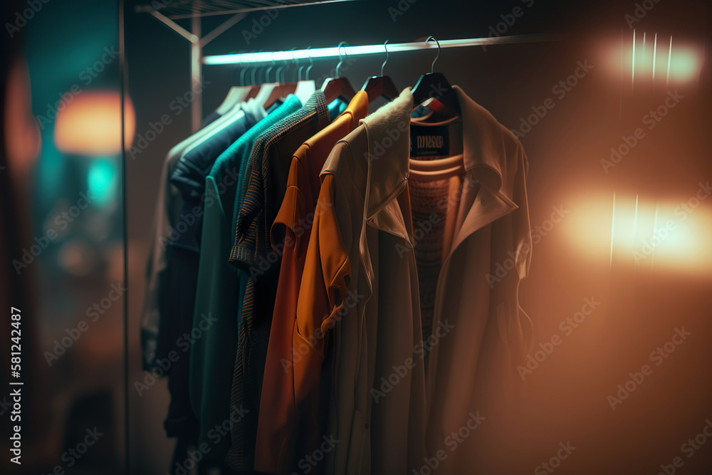 A rack of shirts hanging in a fashion shop with lights. Generative Ai.