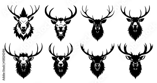 Set of deer heads with open mouth and bared fangs, with different angry expressions of the muzzle. Symbols for tattoo, emblem or logo, isolated on a white background. © Aleksei Solovev