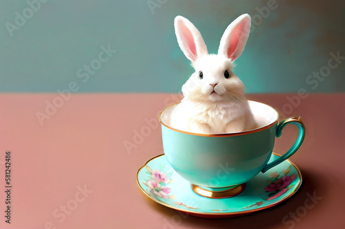 Cute white rabbit in a beautiful porcelain cup on the table. AI generative © ROMAN DZIUBALO