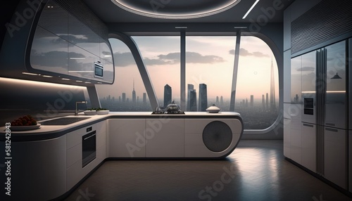 Modern interior design idea of a futuristic kitchen with a view on a city. Generative AI illustration.