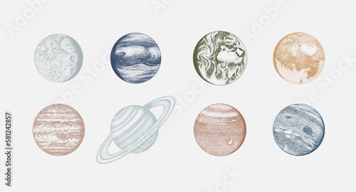 Planets in solar system. Moon and the sun, mercury and earth, mars and venus, jupiter or saturn and pluto. astronomical galaxy space. engraved hand drawn in old sketch, vintage style for label.