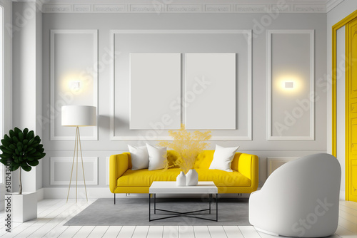 Two empty Mock up poster in White Interior of living room withyellow sofa, AI generative photo