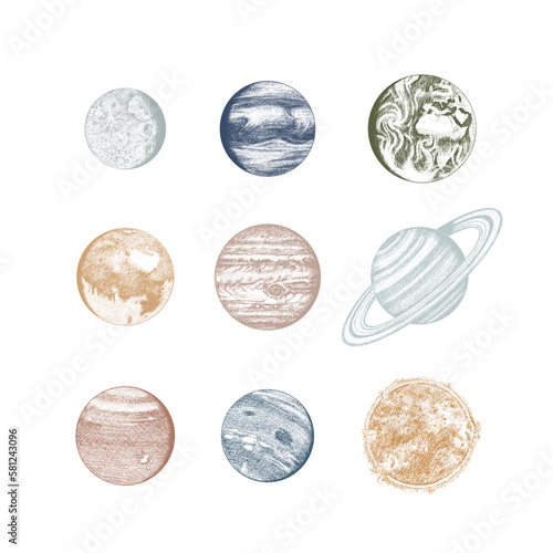 Planets in solar system. Moon and the sun, mercury and earth, mars and venus, jupiter or saturn and pluto. astronomical galaxy space. engraved hand drawn in old sketch, vintage style for label.