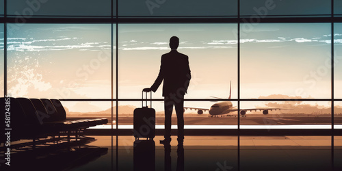 Businessman traveler waiting for flight in airport lounge - Generative AI