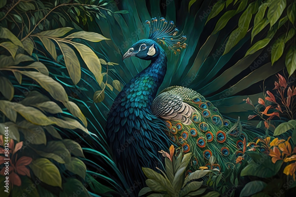 Fototapeta premium Elegant peacock displayed its colorful feathers amidst a sea of tropical foliage. Generative AI