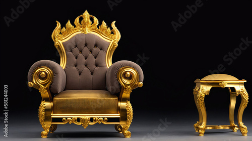  empty royal throne made of decorative gold and brown material with small gold chair staying next to it with black wall behind it, generative AI