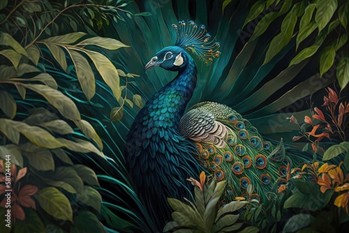 Elegant peacock displayed its colorful feathers amidst a sea of tropical foliage. Generative AI © Kanisorn