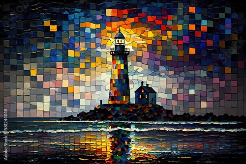 Colorful mosaic landscape oil painting background with space for text  background with sea and lighthouse - Generated by Generative AI