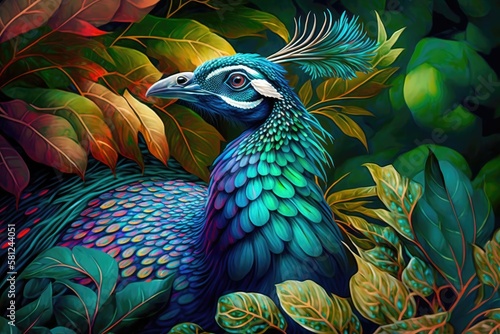 Canvas Print Elegant peacock displayed its colorful feathers amidst a sea of tropical foliage