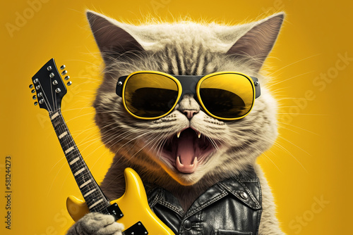 Kitten with yellow glasses, leather jacket and yellow guitar, screaming at camera. Rocker on yellow background