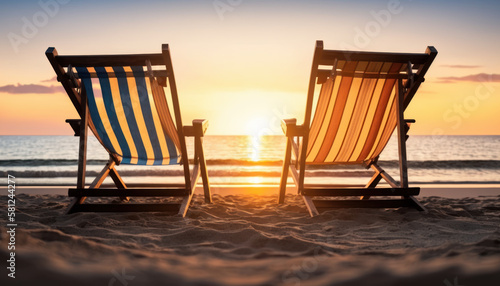 Two deck chairs on a sandy beach at sunset. Generative AI