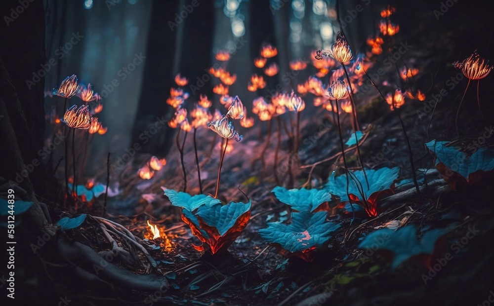 Fototapeta premium Fantasy shining flowers in the forest