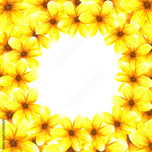 Frame with flowers. Watercolor abstract bright summer yellow flowers and leaves. Isolated objects on white background © Irina