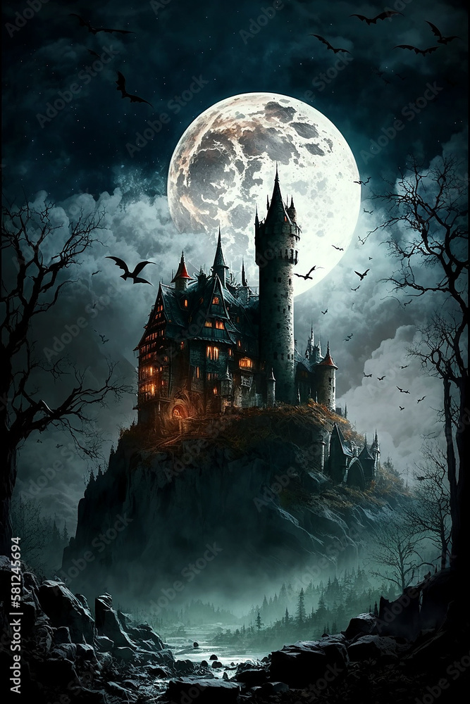 vampire castle, dracula, dracula castle, bats, night, moon, trees, wind ...