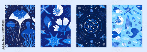 Set of vector illustrations of cosmic underwater creatures. Marine life decorated with constellations, stars, planets. Magic space sea designs for posters, notebook covers. Blue and white colors
