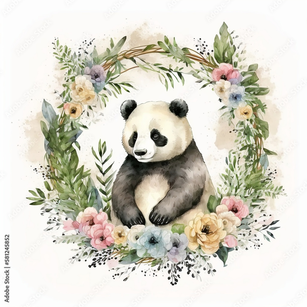 Naklejka premium Beautifully watercolor painting of a panda surrounded by a wreath of colorful flowers and leaves on white background, Generative AI