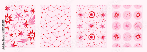 Set of vector illustrations of abstract celestial bodies. Patterns of constellations, stars, planets. Space universe. Esoteric cosmic designs for posters, notebook covers. Red and pink colors