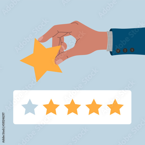 Customer experience, feedback concept. Businessman hand giving five stars, positive review, client satisfaction survey. Hand drawn vector illustration isolated on blue background. Flat cartoon style.