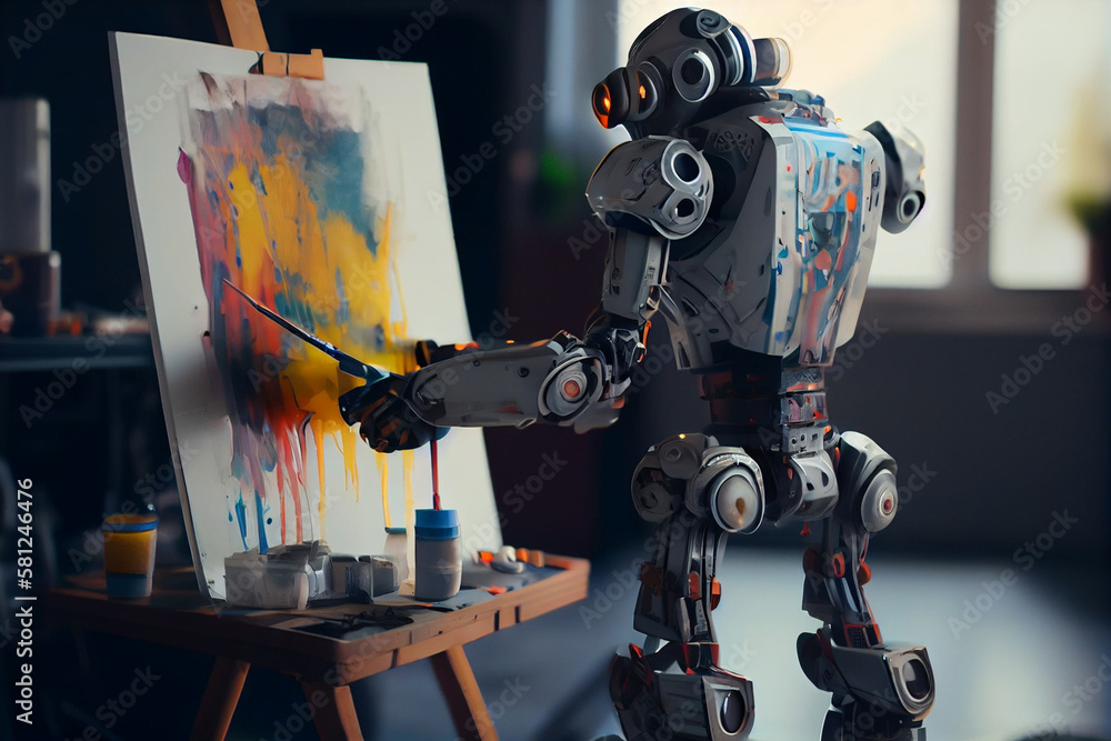 Fototapeta premium Artificial intelligence robot working on computer at home. Technology and innovation concept.generative ai