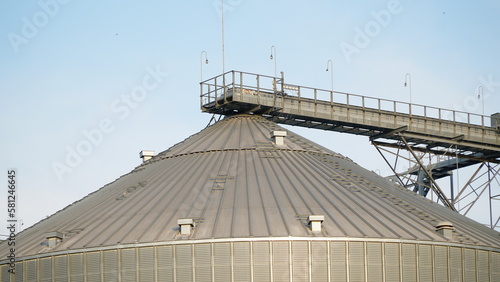 Grain storage. Grain storage elevator. Large metal hangar for grain. Silo with grain