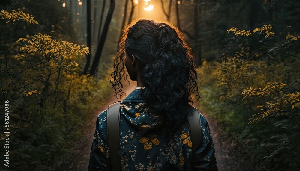 A woman walking through a forest at night A woman walking through a forest at night