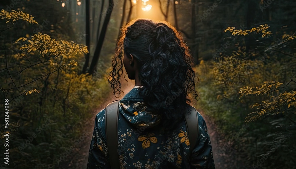 A woman walking through a forest at night