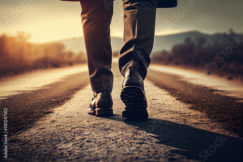 Close up of man's feet walking on the road at sunset.generative ai