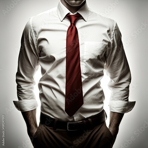 A man with a red tie stands with his hands in his pockets.