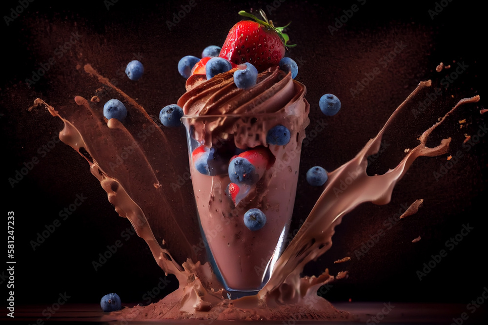 Chocolate Milkshake with berries and chocolate splash on dark background.generative ai