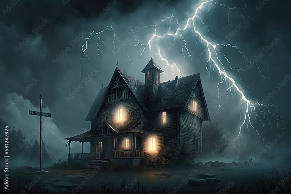 wicked evil house in horror movie with lightning and fog, created with
