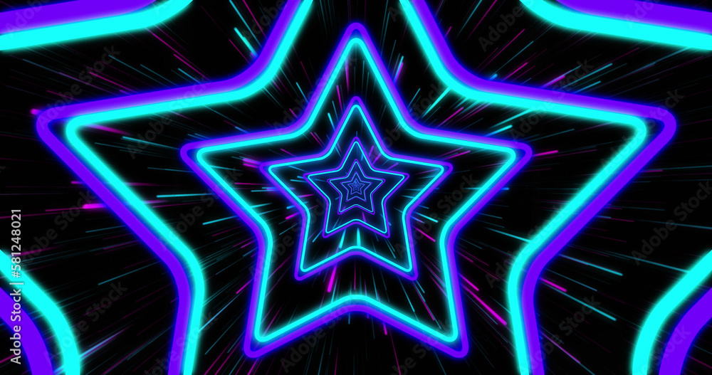 Naklejka premium Composition of blue stars over light trails on black background