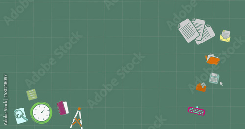 Image of school and learning icons on green background