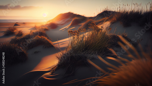Sunset over the dunes of the Curonian Spit, Curonian Lagoon, Lithuania.generative ai © S...
