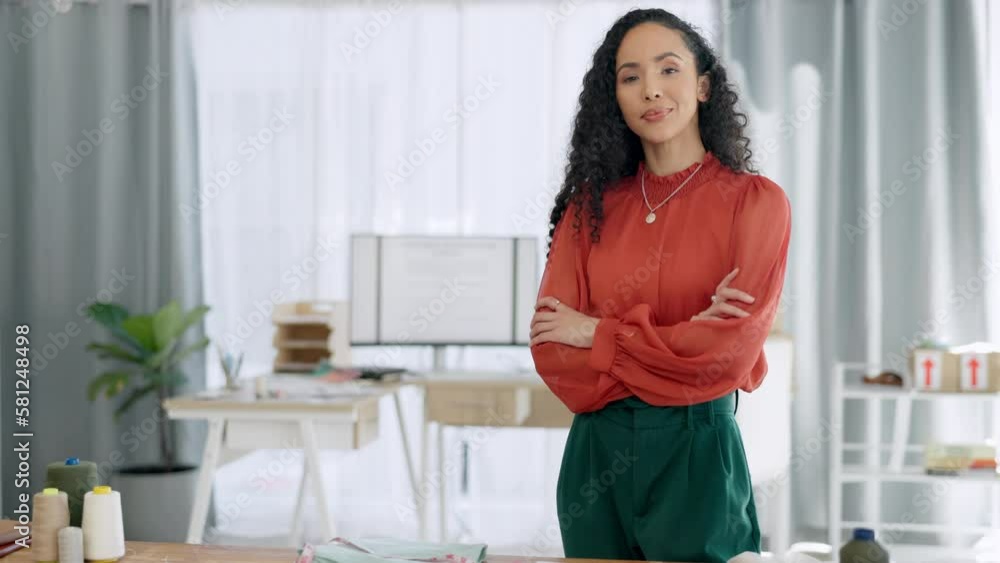 Woman, face in small business confidence and entrepreneurship, leadership or management at office. Portrait of confident female entrepreneur fashion designer, leader or manager in clothing workshop Woman, face in small business confidence and entrepreneurship, leadership or management at office. Portrait of confident female entrepreneur fashion designer, leader or manager in clothing workshop
