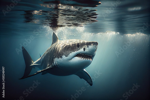 Great White Shark swimming underwater in the deep blue ocean. generative ai
