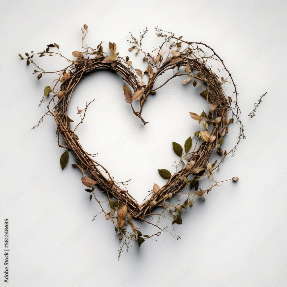 Fototapeta premium a heart wreath illustration with leaves, branches, nature, spring-themed illustration, Generative AI