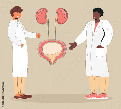 Tiny doctor treat kidneys. Urologist, nephritis symbol. Pyelonephritis and kidney stones diseases. Enuresis concept vector.