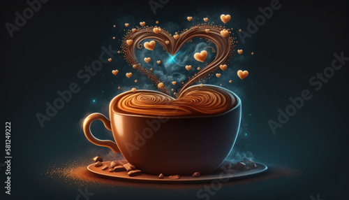 Ein s    er Morgen voller Liebe  Kaffee mit Herzchen und cremigem Schaum in einer Tasse aus braunem Cappuccino serviert  auf einem rustikalen Holztisch