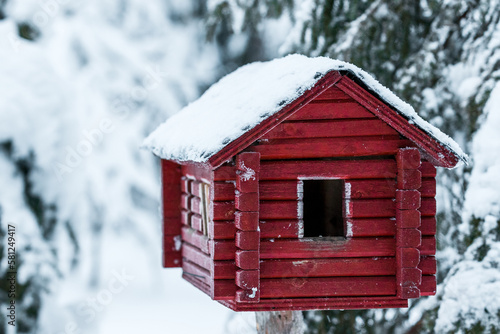 Red bird feeder during winter time