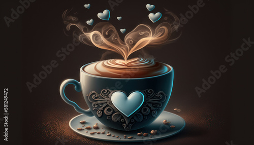 Ein süßer Morgen voller Liebe: Kaffee mit Herzchen und cremigem Schaum in einer Tasse aus braunem Cappuccino serviert, auf einem rustikalen Holztisch